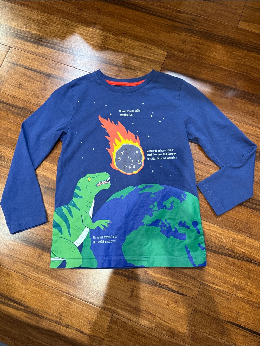 Mini Boden Blue Long-Sleeve Dinosaur and Meteor Graphic Tee